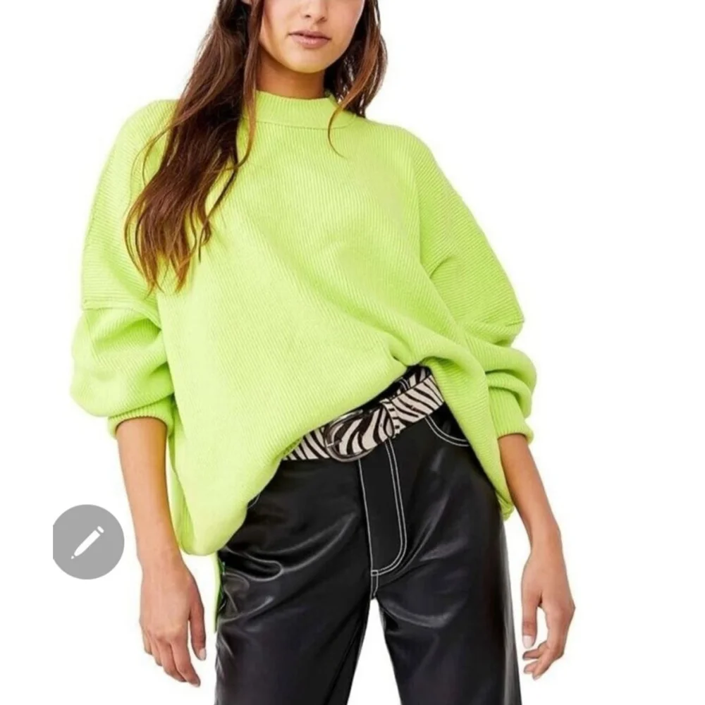 FREE PEOPLE Easy Street Ribbed Knit Tunic Oversized Sweater Citron Lime Green M - Picture 1 of 6